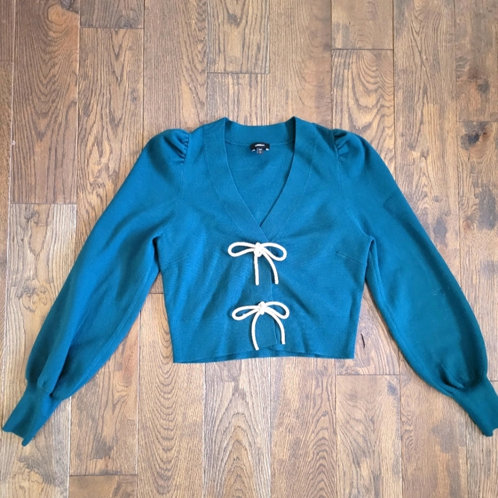 Express deep green embellished bow cardigan XS